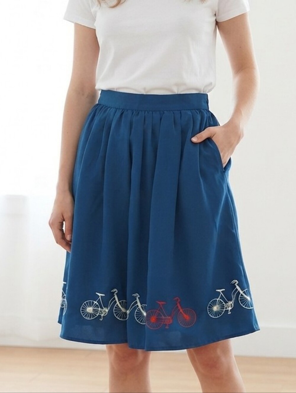 Women's Blue Bicycle-Trim Midi Skirt